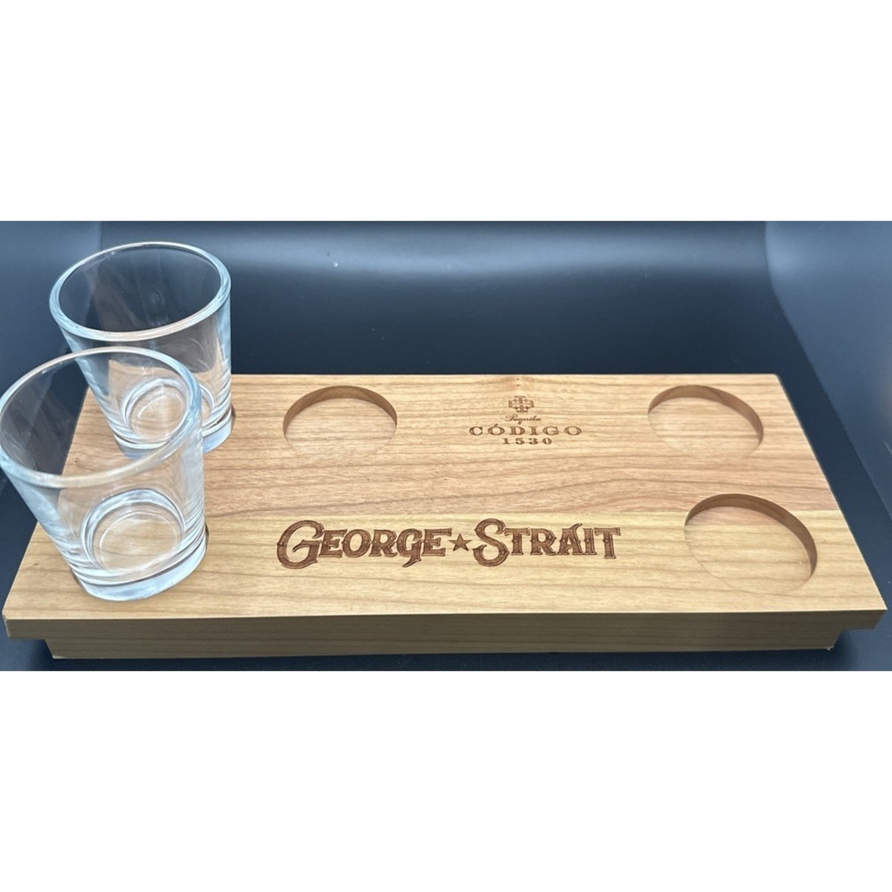 George Strait Codigo 1530 Tequila Wood Flight Tray Board Shot Glass Set 3 Pieces